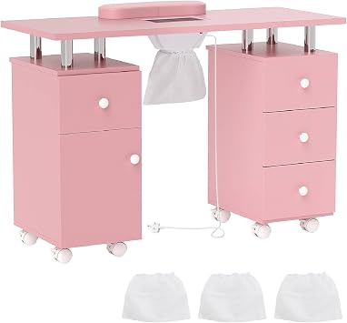 COSTWAY Mobile Manicure Table, Professional Nail Station Beauty Technician Desk with Electric Dust Collector, Wrist Rest, 4 Drawers, Cabinet and Wheels, Art Spa Salon Workstation Nail Table Pink