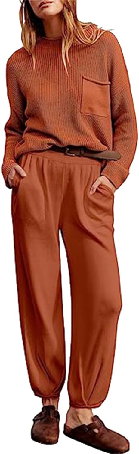 Womens Two Piece Outfits Lounge Matching Sets Long Sleeve Knit Pullover Top Jogger Pant Tracksuit Set Travel Clothes