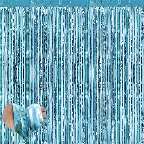 Image of 4 Pack Fringe Curtain Backdrop, 3.2Ft x 9.8Ft Light Blue Metallic Tinsel Foil Fringe Streamers Background for Photo Booth Birthday Wedding Baby Shower Easter Pool Ocean Underwater Party Decorations