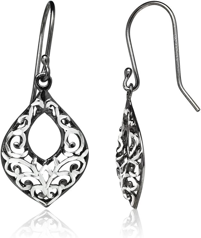 Hoops & Loops 925 Sterling Silver Diamond-Cut Filigree Open Teardrop Dangle Hook Earrings for Women, Silver, Yellow, Rose Gold and Black Flashed Sterling Silver