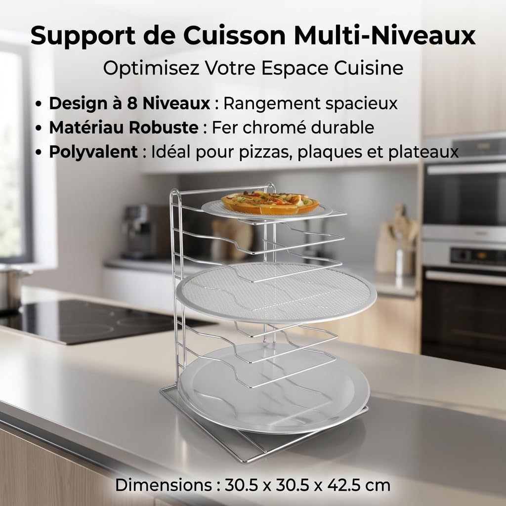 Support pizza rectangulaire, grille de rangement pour plaques à pizza, râtelier de comptoir en fer plaqué argent, 30,5 × 30,5 cm, 30,5 x 30,5 x H42,5 CM (8 couc