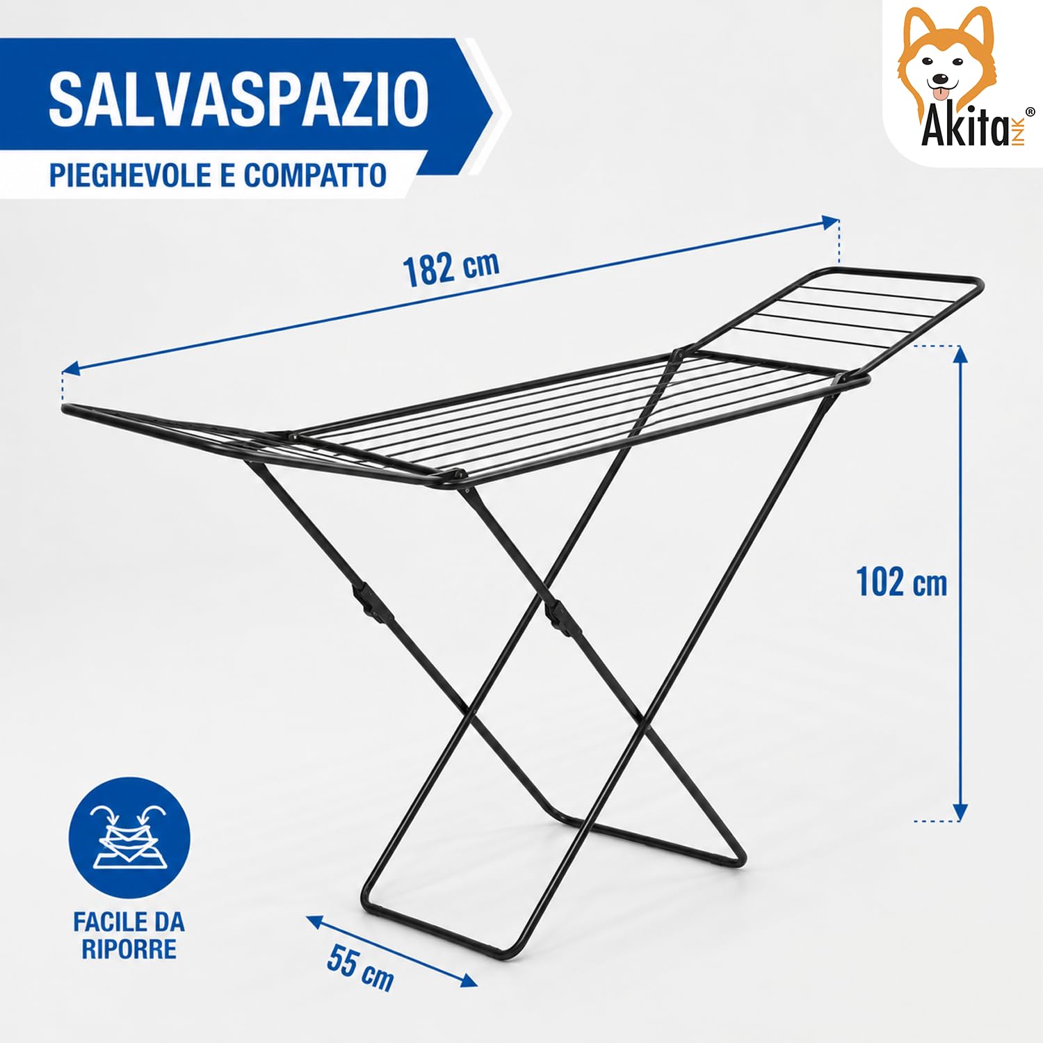 AKITAInk Stendibiancheria AEGEANSTAR Nero da Pavimento, 18 m di Stenditura, 100% Acciaio, Pieghevole con Sistema Anti-Chiusura e Certificazione TÜV