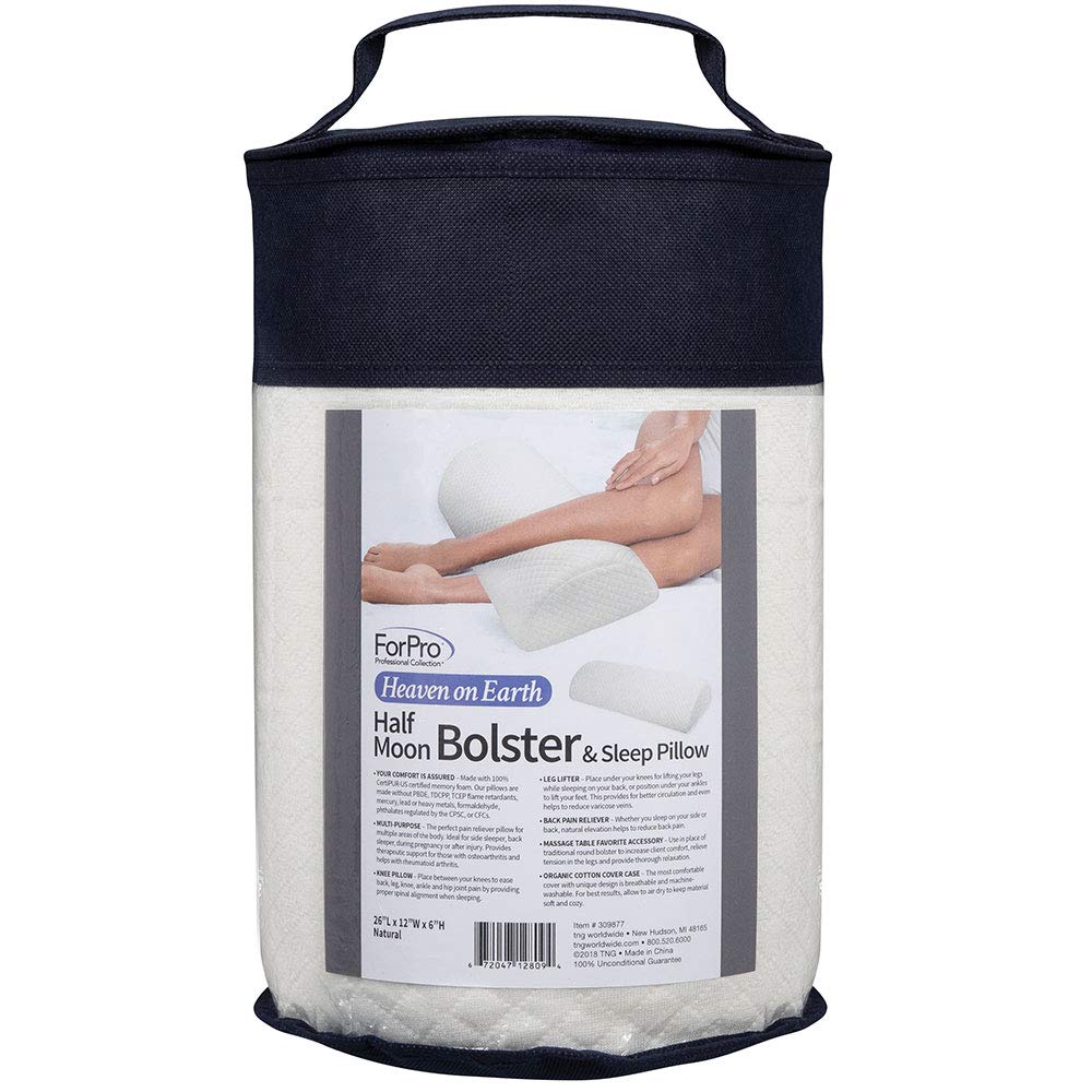 ForPro Professional Collection Heaven On Earth Half Moon Bolster & Sleep Pillow, Natural, 100% Pure Memory Foam Back and Knee Support Pillow, Ultra-Plush Washable Cover, 26” L x 12” W x 6” H