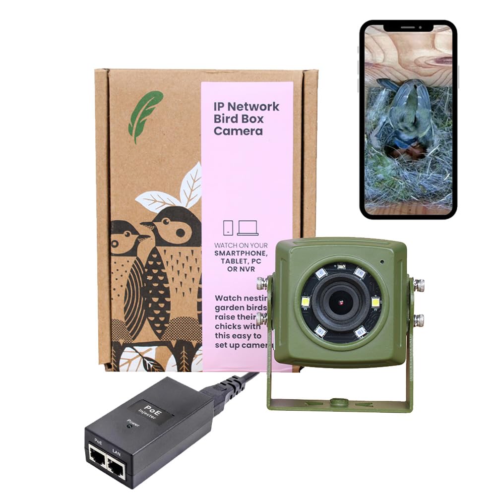 Green Feathers Wired Network Bird Box & Wildlife HD Camera PoE Version (Camera & PoE Injector - UK Power Supply)