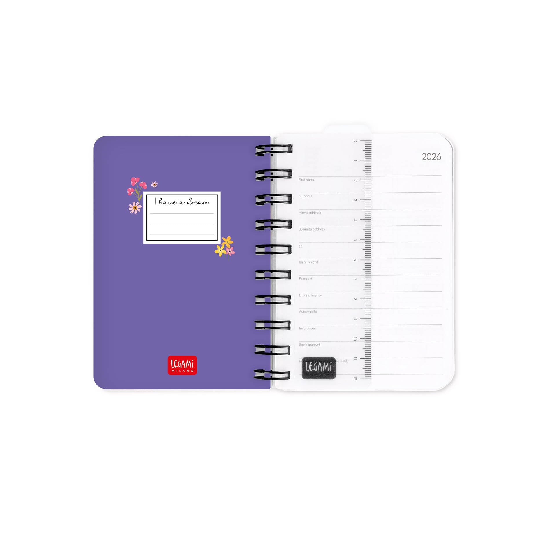 Legami Agenda journalier Spiralé Small 2026 Flowers 12 mois 8,5 x 13 cm papier FSC
