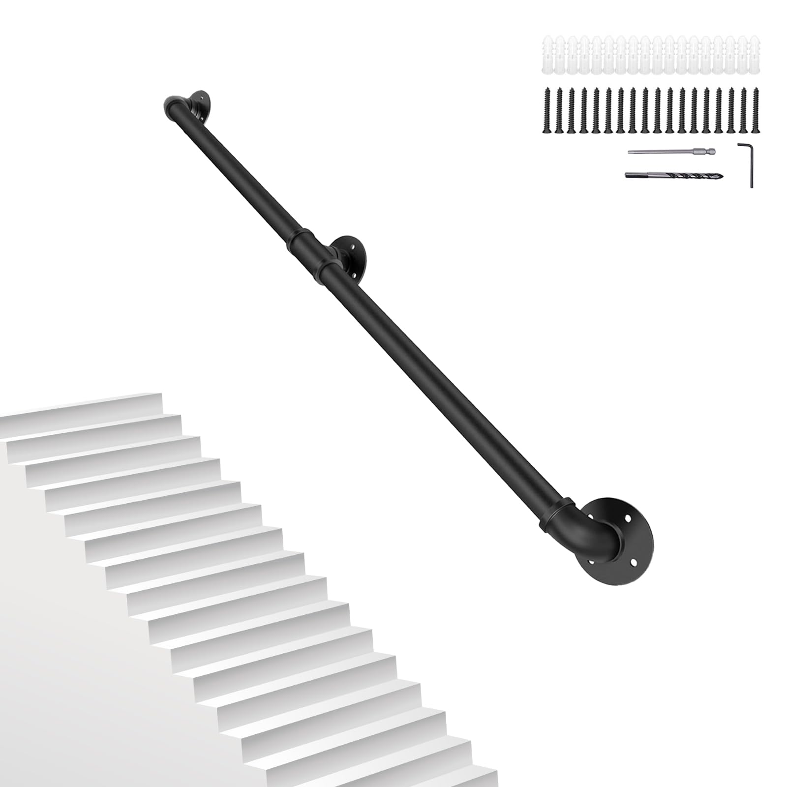 5FT/1.5M Pipe Stair Handrail Metal Railing Staircase Handrails Wall Mount Non-Slip Safety Stair Rail Outdoor Indoor Industrial Pipe Handrail Black Step Baluster Handrail