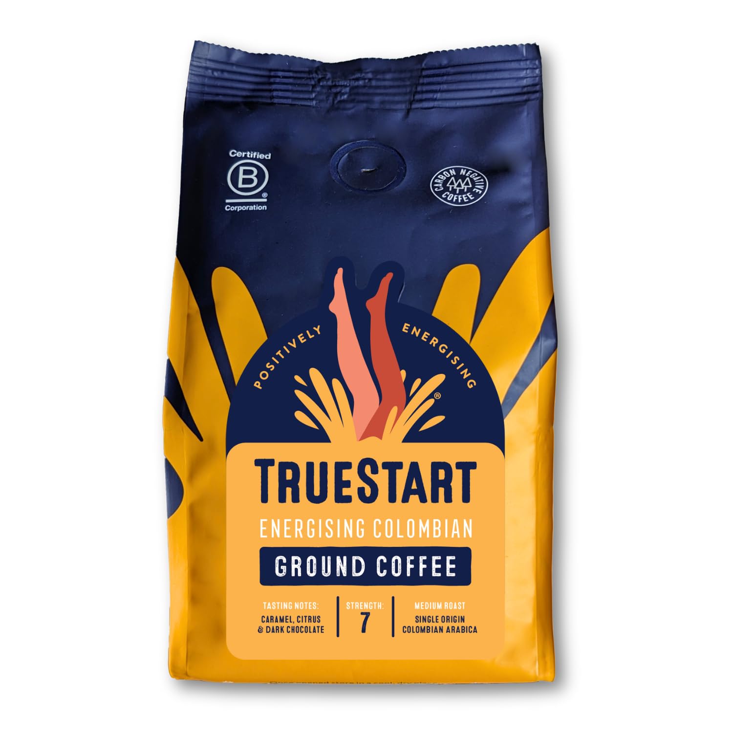 TrueStart Ground Coffee 200g, Smooth Energising Colombian - Ground Coffee for Cafetiere, V60 & Aeropress, Mycotoxin-Free, Rich in Antioxidants, Freshly Hand Roasted Speciality Grade, Medium Roast