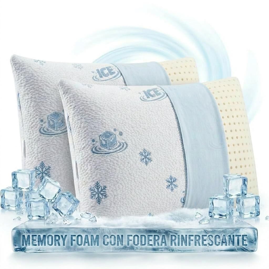 Marivor Set 2 Cuscini Memory Foam Rinfrescanti per Letto, Guanciali Freschi Traspiranti con Fodera Cooling Sfoderabile e Lavabile, Supporto Medio, 75x45x13 cm