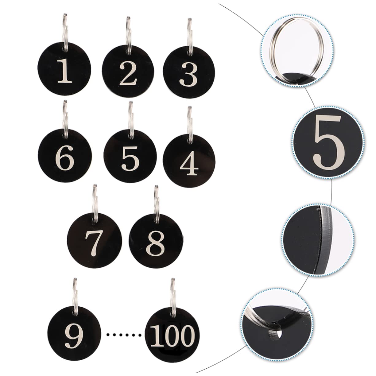 Portachiavi Numerati in Acrilico Nero, 100 Pezzi, Tondi
