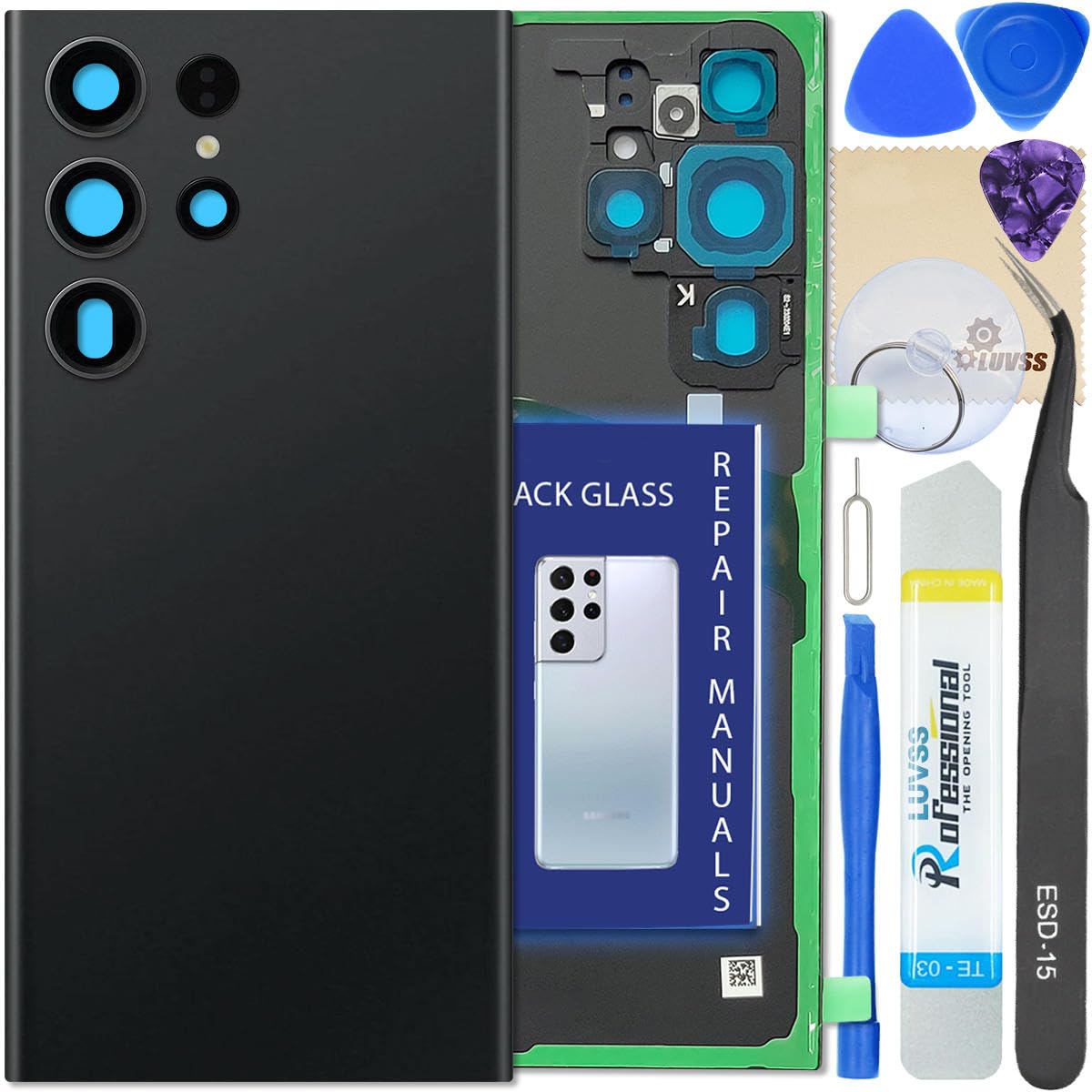 LUVSS Vitre Arrière pour Samsung Galaxy S23 Ultra SM-S918B/DS Noir Coque Cache Batterie avec Lentille de Caméra, Adhésifs, Kit Outils, Guide De Réparation