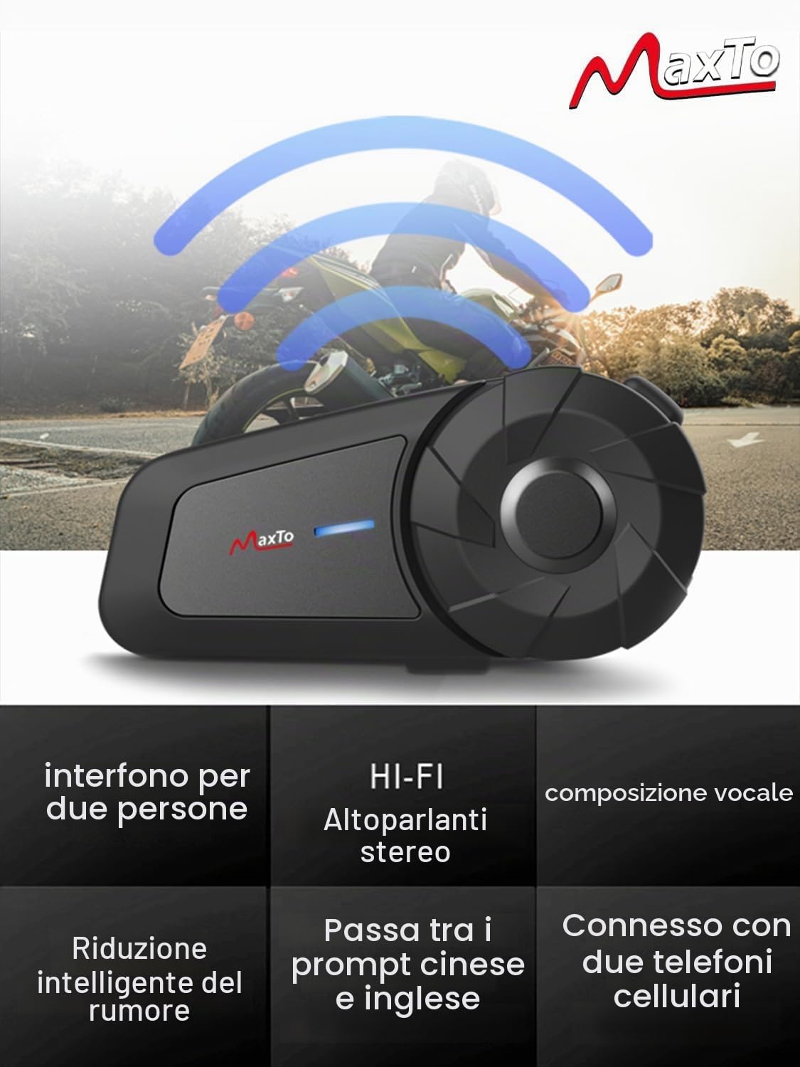MAXTO Cuffie Bluetooth per moto, interfono a rete, 1000 m 8 piloti, sistema di comunicazione per moto,CVC+DSP cancellazione del rumore, condivisione musica,IP67 impermeabile(2 Pezzi)