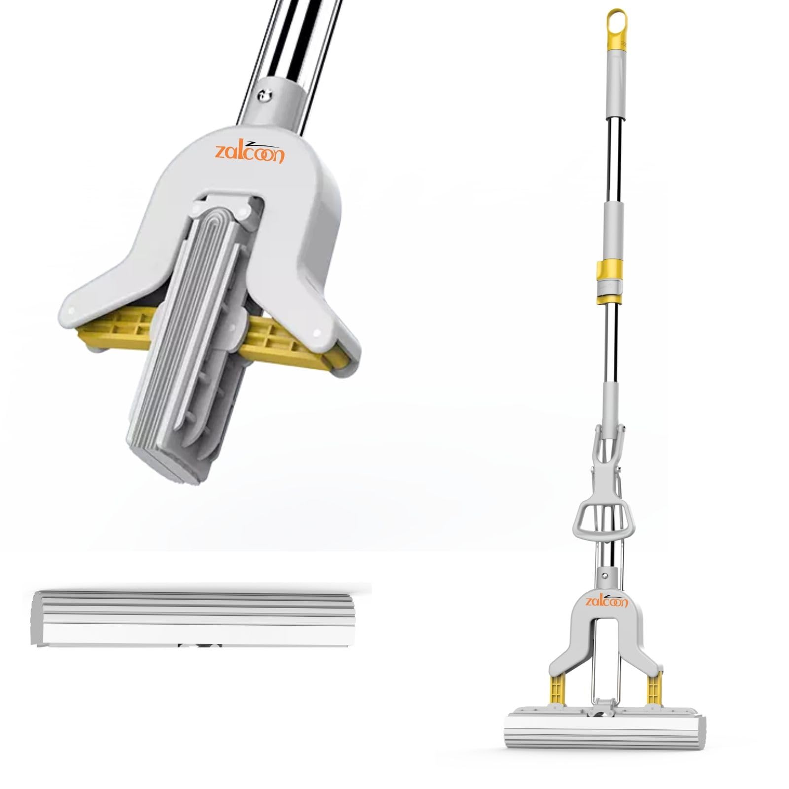 Zalcoon PVA Folding Sponge Mop 28cm, Telescopic Handle Folding Squeeze| 1 Extra Super Absorbent PVA Sponge Refill | Household Cleaning Tool |Best for Kitchen, Tiles, Multi-Surface Hard Floor (1+1)
