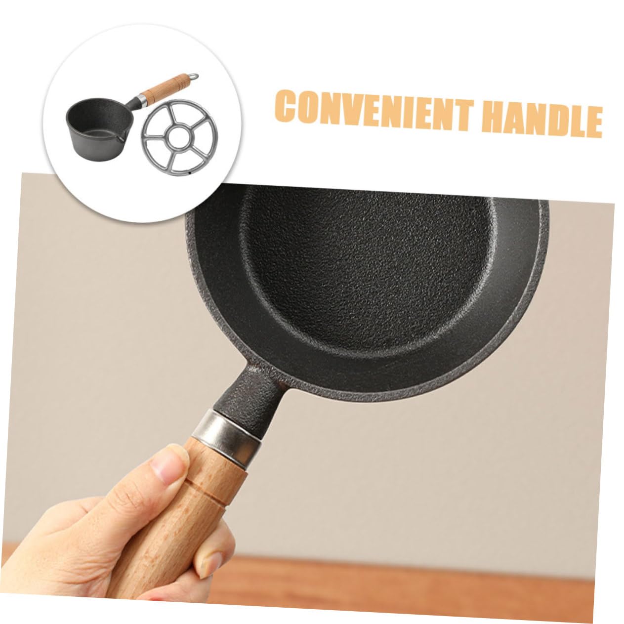SHINEOFI Mini Gusseisen Pfanne mit Holzgriff Robuste Antihaftbeschichtete Saucepfanne für Milch Öl und Butter Kompakt und Tragbar für Herd und Outdoor-camping Höhe