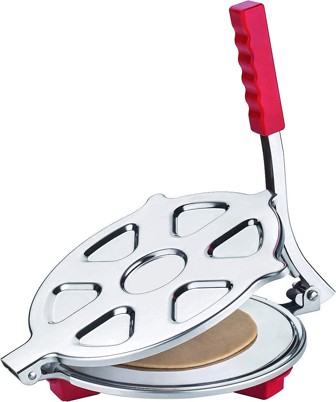Heavy Quality Stainless Steel 6.0 inch Dia, Puri Maker Press Machine with Handle, Manual Stainless Steel Roti Press, Papad/Khakhra/Chapati Maker (Red Color)