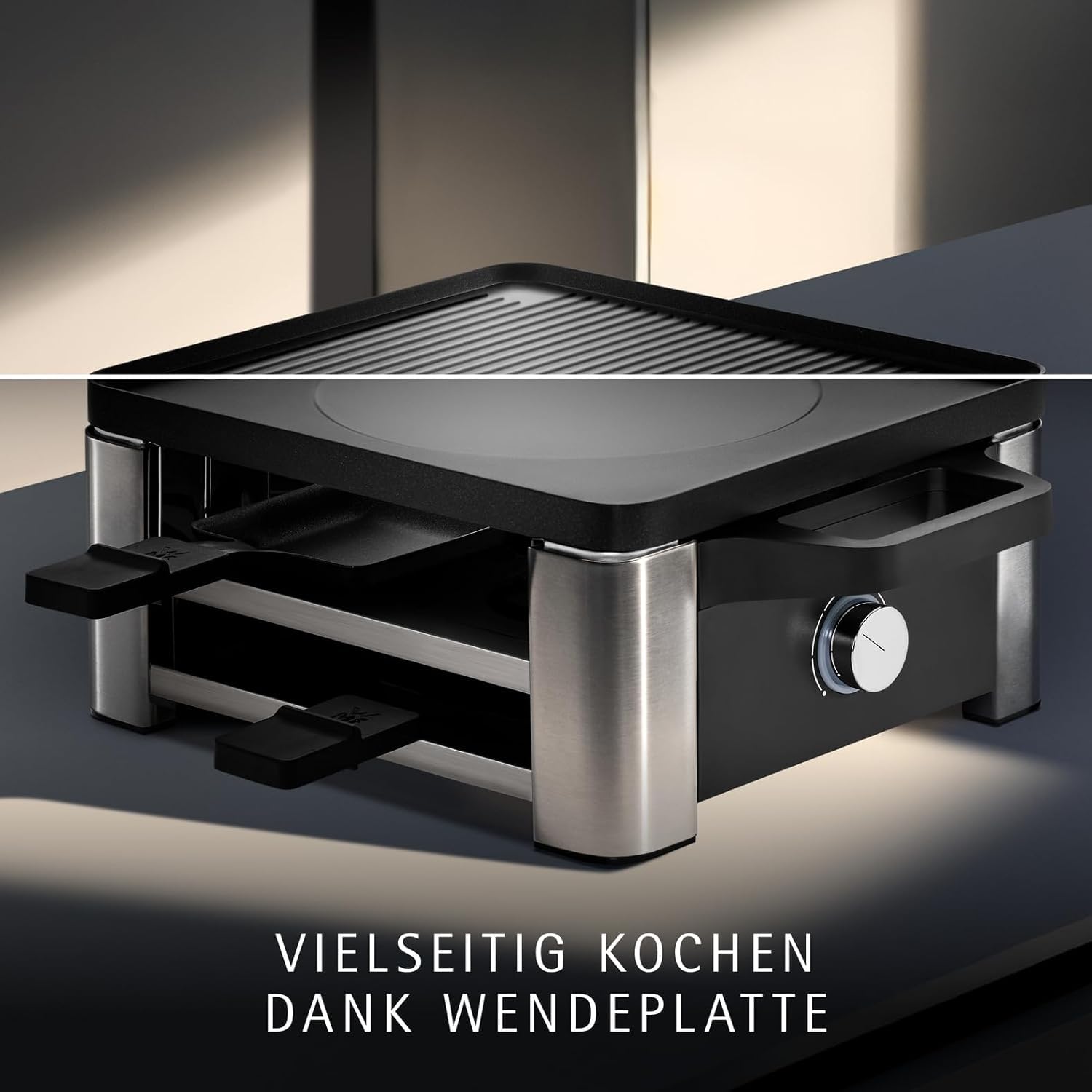 WMF Lono Raclette Grill für 4 Personen Tischgrill Cromargan Edelstahl 870 W antihaftbeschichtete Grillplatte spülmaschinengeeignet