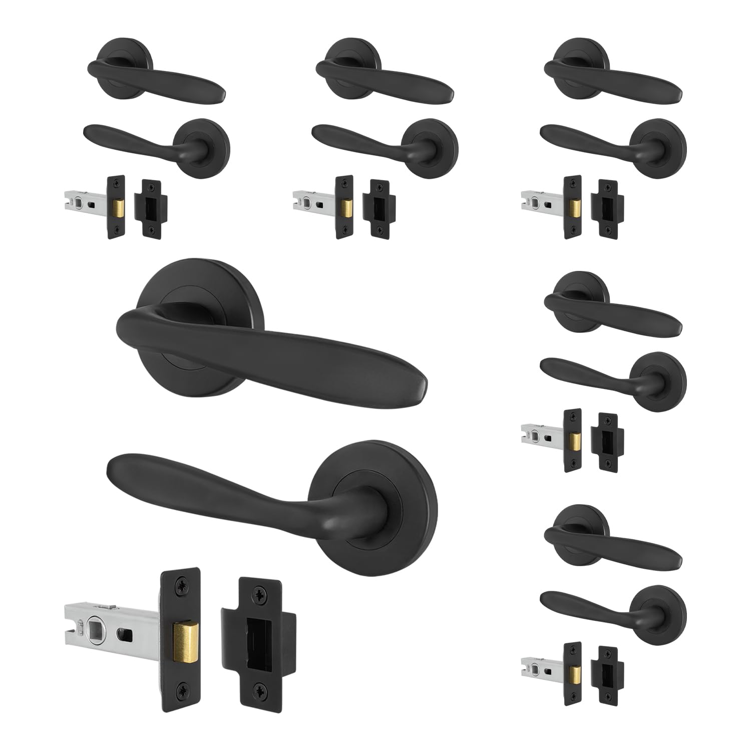EAI Black Door Handle Latch Set, 6 Pairs Matt Black Internal Lever on Round Rose Door Handles, Latches 64mm - Sarno Range