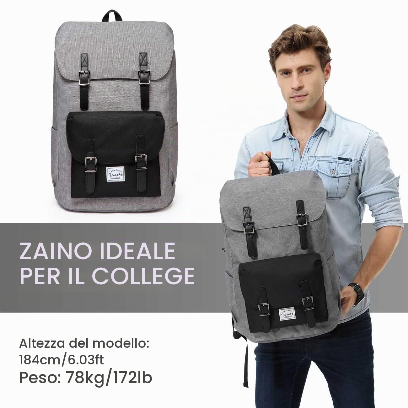 VASCHY Zaino Uomo, Zaino Università Vintage Zaino Donna Zaino Scuola Superiore Zaino da Viaggio Casual Zaino Porta PC 15.6 Pollici Zaino Mare Zainetto Uomo Pelle Trekking Campeggio Regalo di Natale