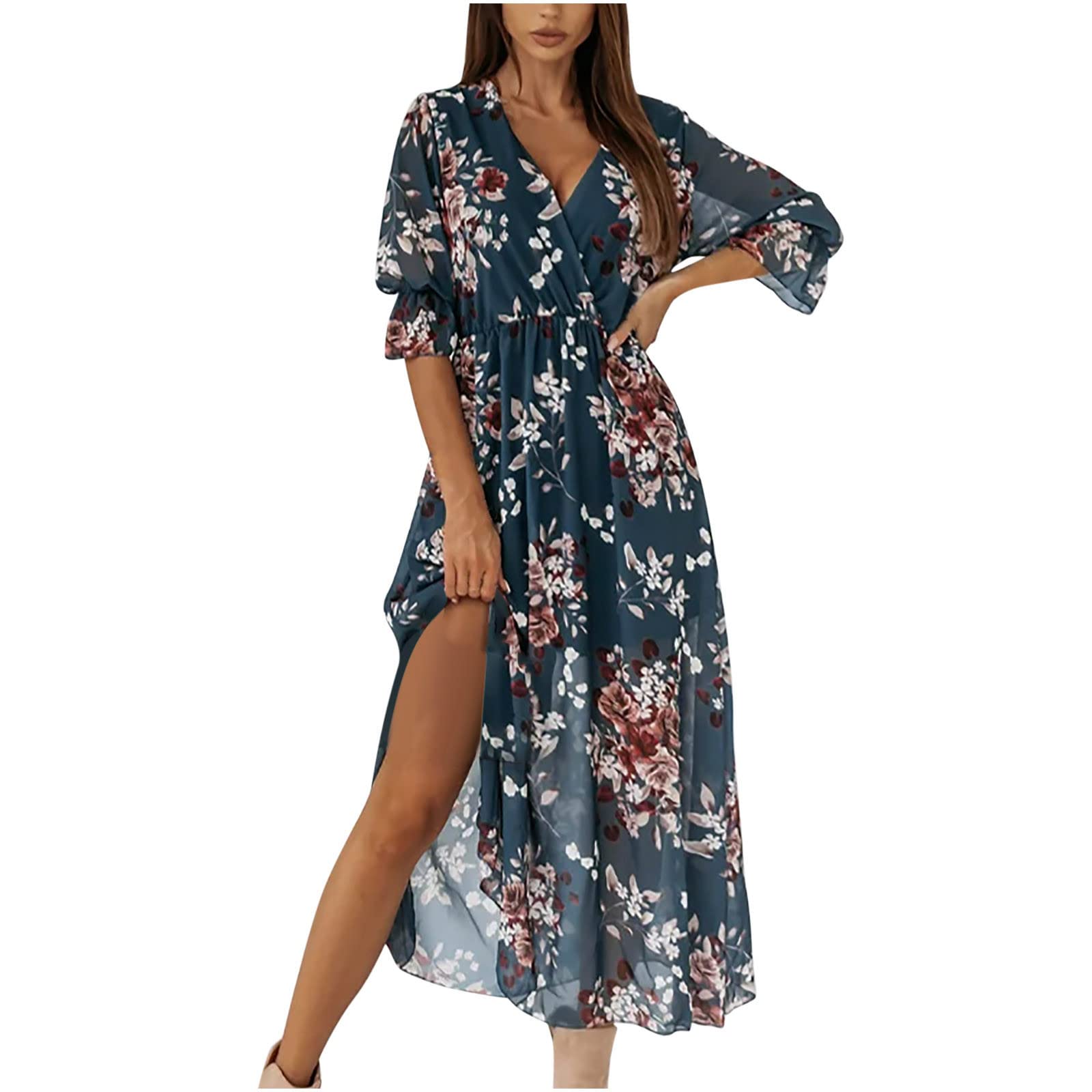 NUSGEAR 2022 Vestidos Largo Gasa Mujer, Verano Moda Vestido Manga Corta Floral impresión Vestido de Noche Fiesta Volantes Sexy Casual Elegante Playa Vacaciones Bohemia Vestido de Cóctel con Abertura