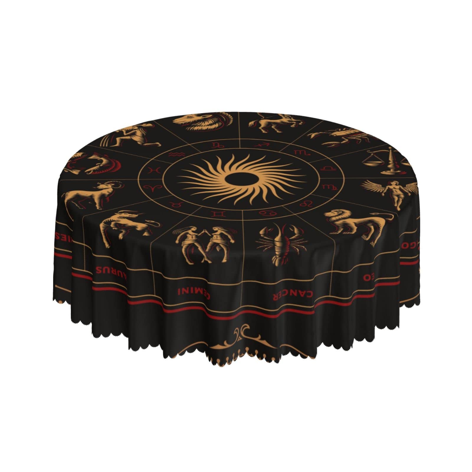 Lsjuee Zodiac Signs Black Round Tablecloth 60 Inch Printed Washable Tablecloth for Dining Party Holiday Fall Home Decorative