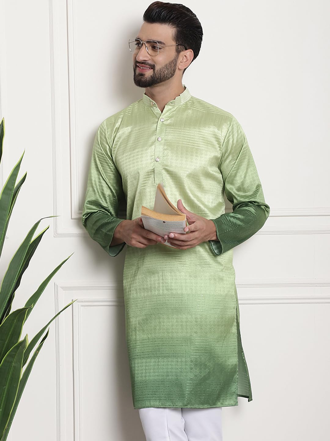 Sojanya (Since 1958 Men's Jacquard Silk Multi Shade Green Color Kurta With Sequence