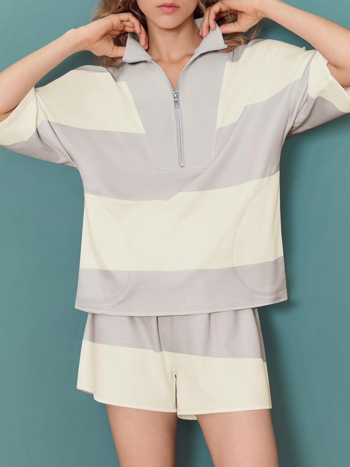 Fisoew Womens 2 Piece Outfits Summer Striped Sweatshirt Workout Shorts Sets Matching Lounge Set Tracksuits - Image 2