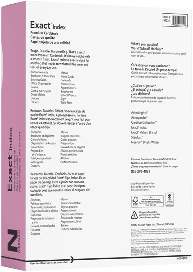 Exact Index Cardstock, 8.5" x 11", 110 Pound/199 gsm, White, 275 Sheets