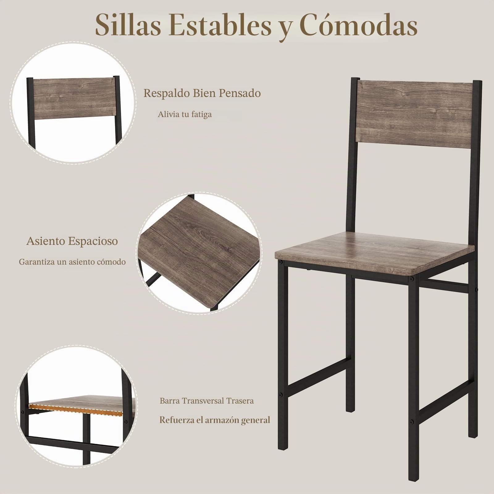 HOMASIS Juego de Mesa de Comedor 4 Piezas, con 2 sillas y 1 Banco, Juego de Comedor Industrial con Estructura de Metal y Estante de Almacenamiento, Juego de Mesa de Bar para Cocina, Comedor (Gris)