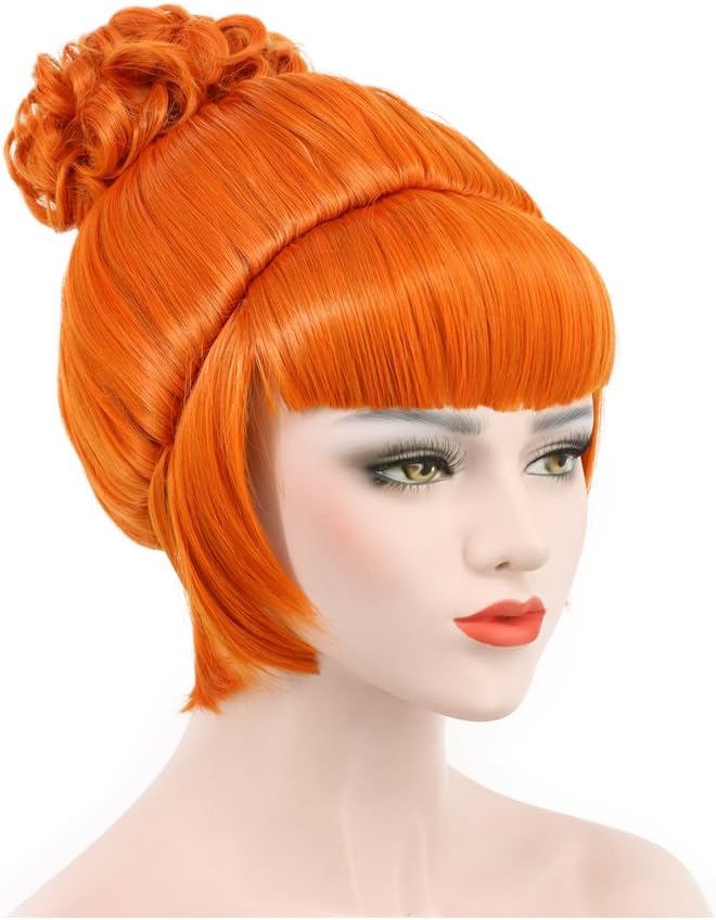 Karlery Short Bud Ball Braid Orange Wig Flat Bangs Updo Chignon Cosplay Wig Halloween Costume Party Wig.