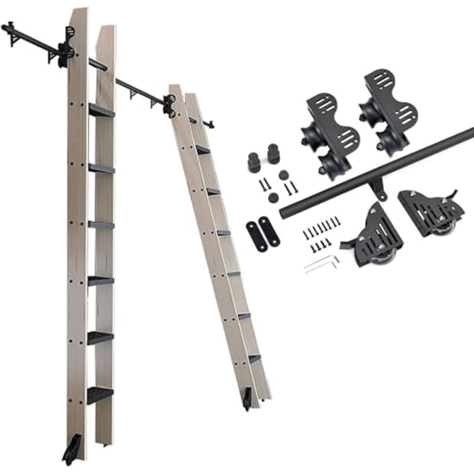 OOPDNEGAK Black Sliding Library Ladder Track Kit - Retractable Hardware, Round Tube Bookcase Mobile Ladder, With Floor Roller Wheels + Extension Rail, Durable Stylish Design(400cm(13.1 ft) track kit)
