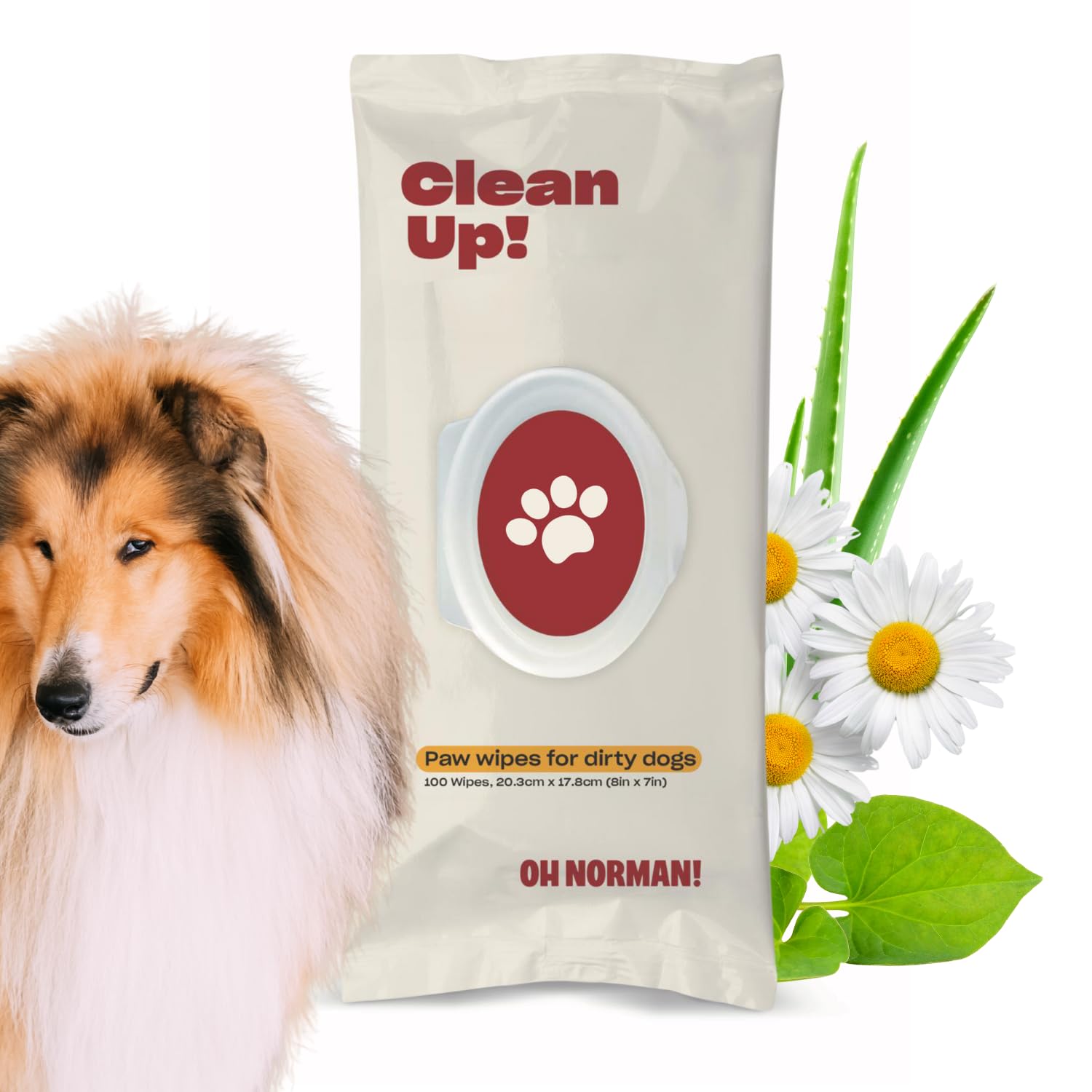 OH NORMAN! Clean Up Paw Wipes for Dogs (8x7) by Kaley Cuoco, Gentle Pet Grooming Wipes, Plant-Based and Unscented, 100 Count