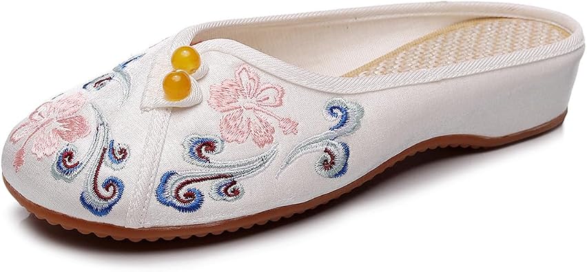 BININBOX Embroidered Flower Womens Shoes Backless Mules Comfortable Flats Round Toe Loafers Chinese Style Canvas Slippers Cute Sandals