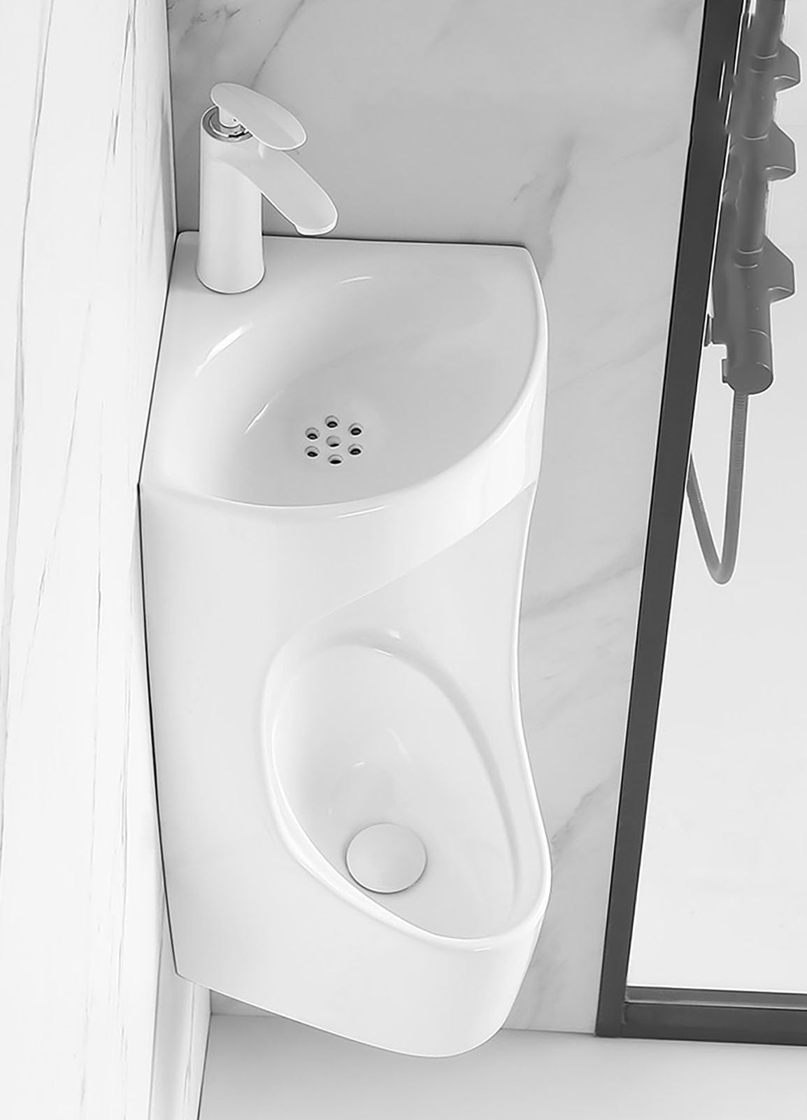 Ceramiczne Pisuary Ścienne 2 W 1 Dla Mężczyzn Z Rurą Odpływową Podłogową Oraz Zestawem Do Mycia Rąk I Spłukiwania, Komercyjny(Silver faucet)