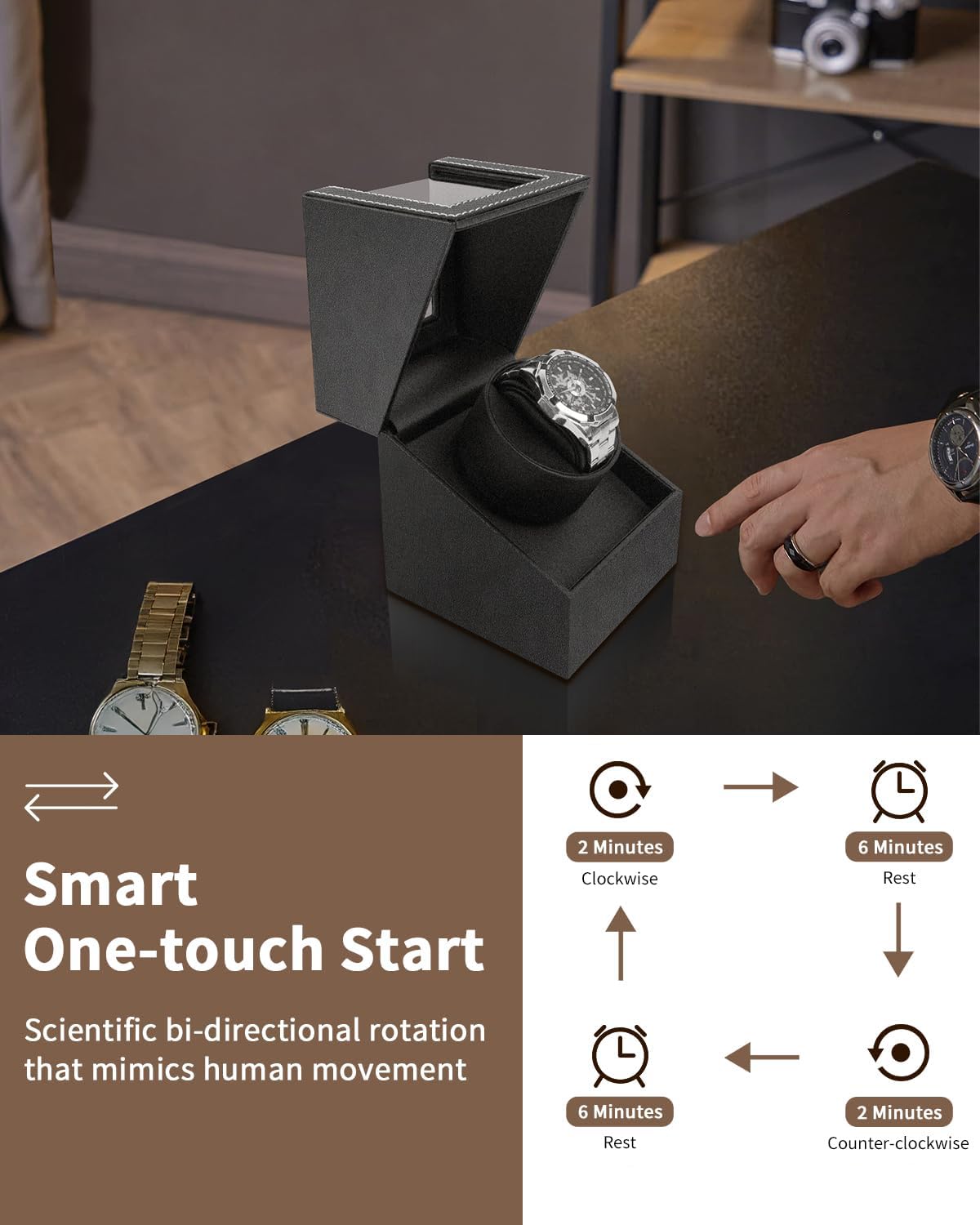 UnaMela Enrollador de relojes automáticos: caja automática de un solo reloj, caja giratoria de piel sintética negra, rotador de reloj con motor silencioso japonés, funciona con pilas o adaptador de