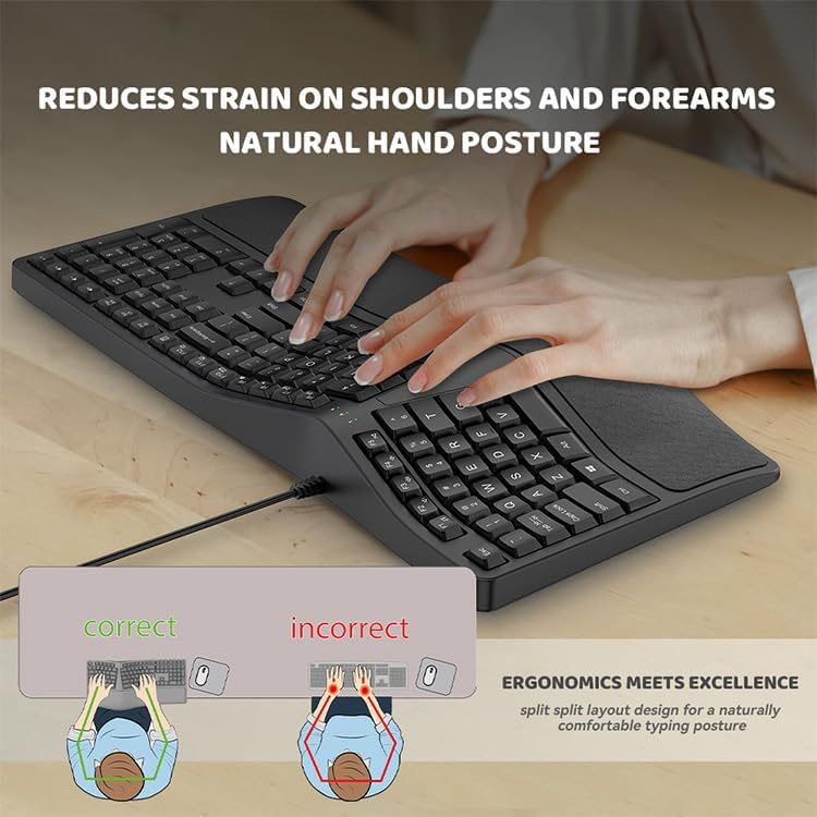 SurnQiee Ergonomic Keyboard Wired with Cushioned Wrist Rest, 110 Keys Split Keyboard for PC (Black)