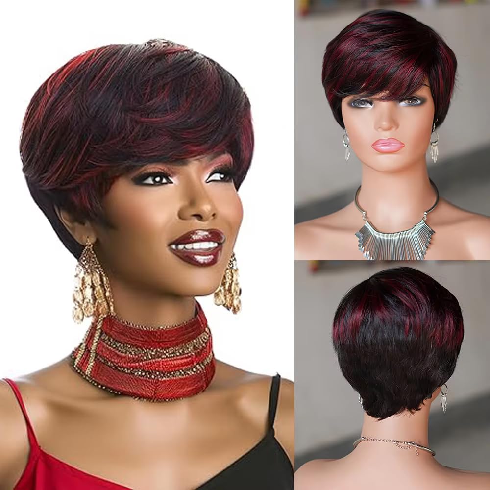 OYM HAIR Short Human Hair wigs for Black Women Brazilian Virgin Human Hair Pixie Cut Wigs for Black Women Full Made Wigs (1B530)