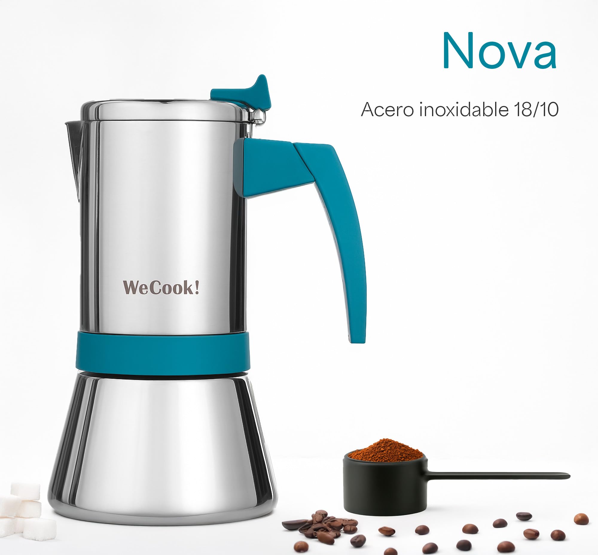 WECOOK! Cafetière italienne en acier inoxydable 18/10 pour induction 9 tasses – espresso/moka – poignée Soft-Touch en bakélite – soupape de sécurité en nickel – cuillère doseuse incluse