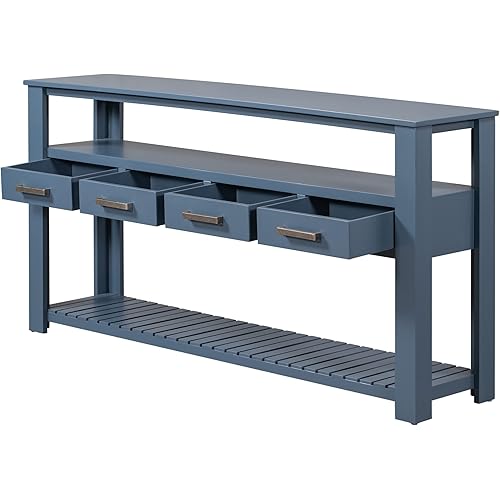 LUMISOL 3-Tier Entryway Console Table with 4 Storage Drawers and 2 Shelves, Long Narrow Sofa Table Foyer Table for Hallway Living Rooms Accent Console Table, Navy Blue