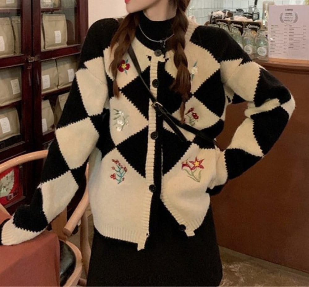 HGJH Damen Strickjacke lässige Blumenstickerei Knöpfe vorne offen Strickjacke Elegante Übergangsjacke Leichter Kimono Mantel Oberbekleidung Herbst und Winter S