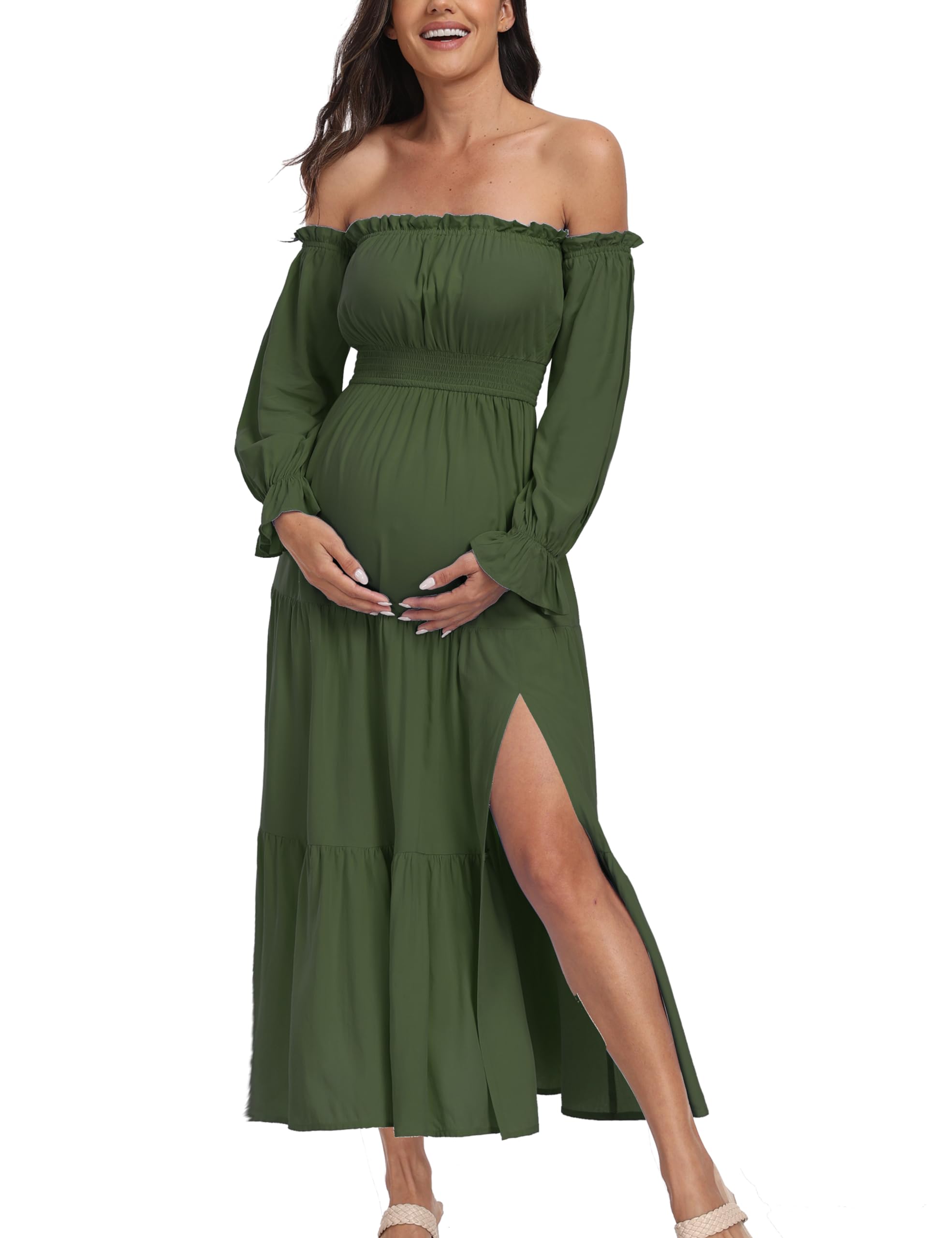 Umstandskleid im Boho-Stil, schulterfrei, lange Ärmel, Seitenschlitz, fließendes Maxikleid in A-Linie mit Stufenrock für Babyparty und Schwangerschaftsfotos