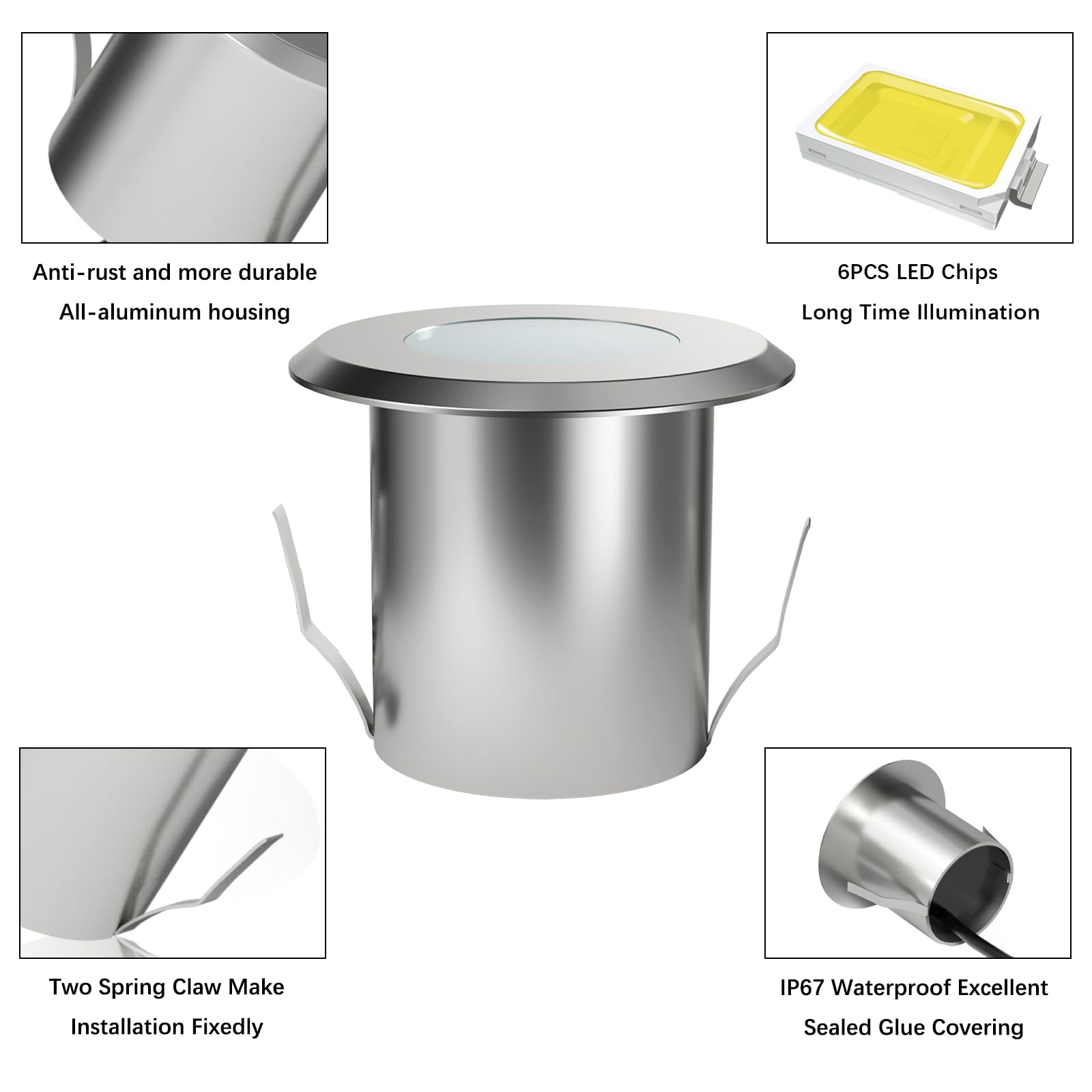DarisingSun 6 LED-Außenstrahler Einbauleuchte, 0,6W, IP67, DC12V, Warmweiß - Für Terrasse, Weg & Pool