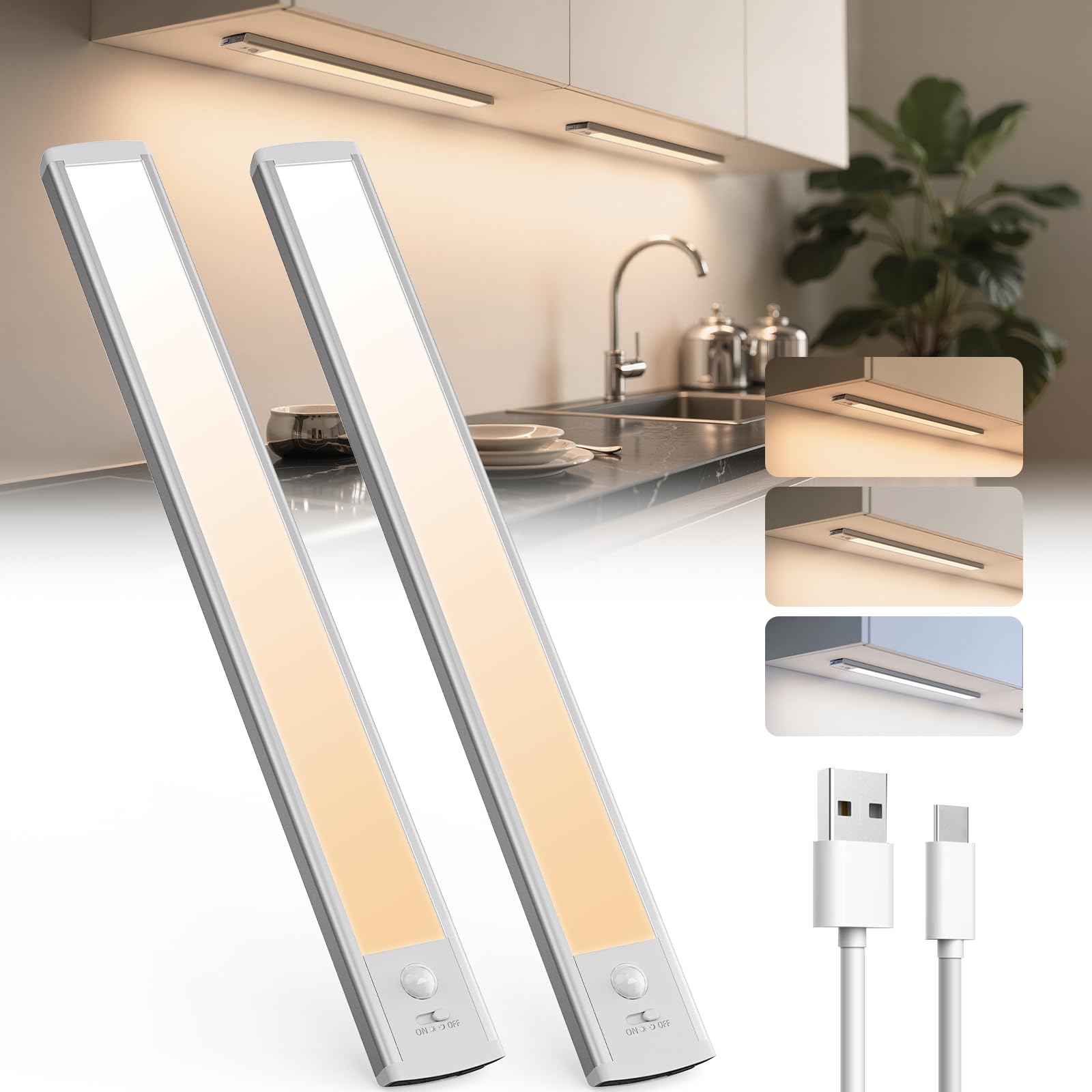 TANSOOL+ Schrankbeleuchtung LED Lampe mit Bewegungsmelder - USB-C Aufladbar Unterbauleuchte Küche Licht