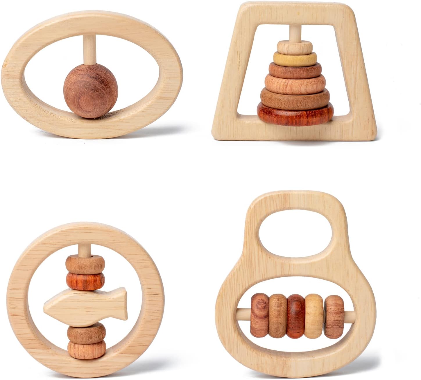 JOCY Wooden Baby Toys, Montessori Toys for Babies 0-6-12 Months,Wooden Rattle for Baby, Wooden Teether Gifts for Boys and Girls 4 PC