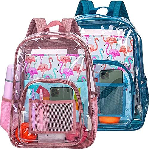 Clear Backpack, 16'' Heavy Duty Transparent Bookbag, PVC See Through Backpacks for School, Work - Pink and blue