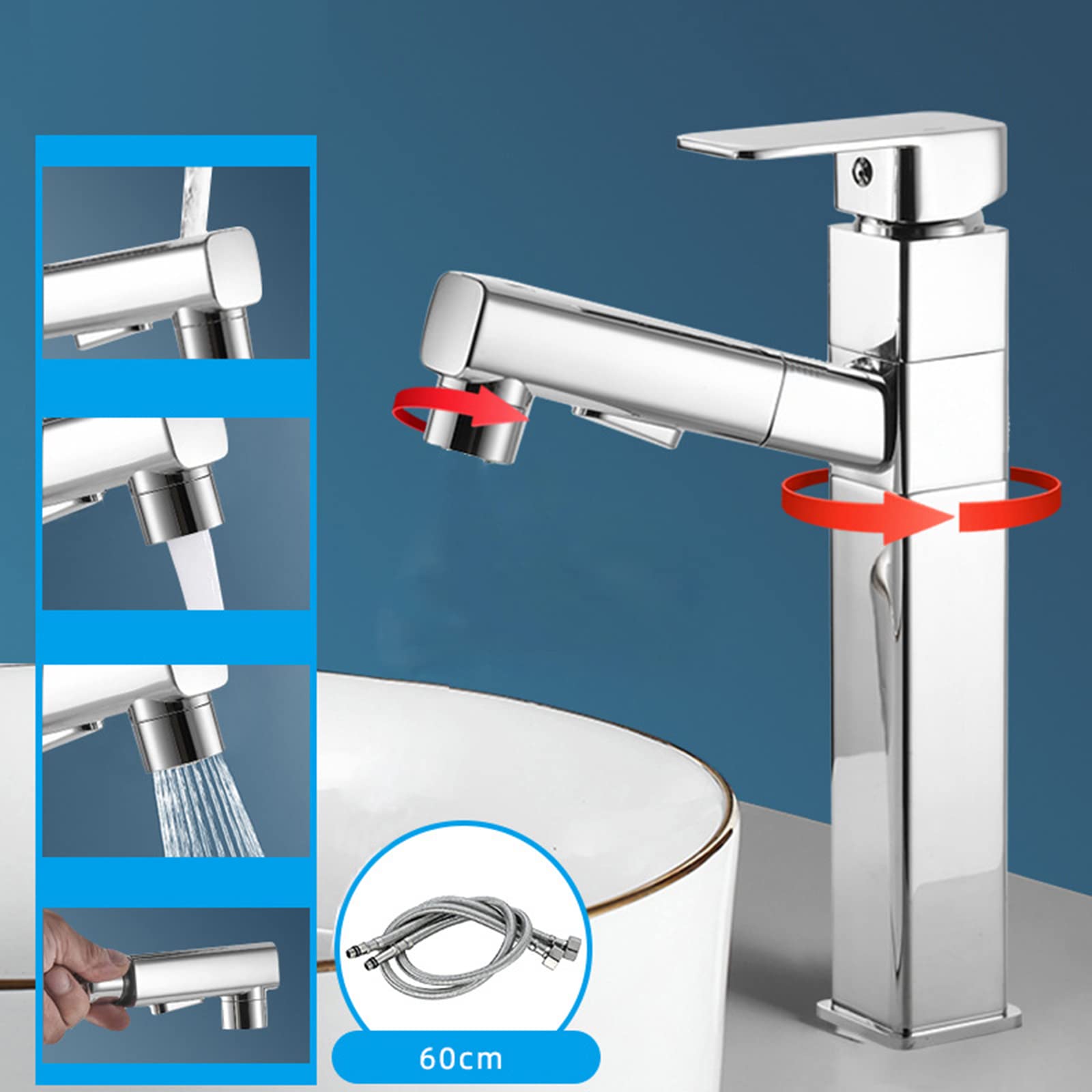 Generico Rubinetto da Bagno Miscelatore Girevole con Doccetta Estraibile per Lavabo da Cucina E Bagno Cromato Quadrato Alto