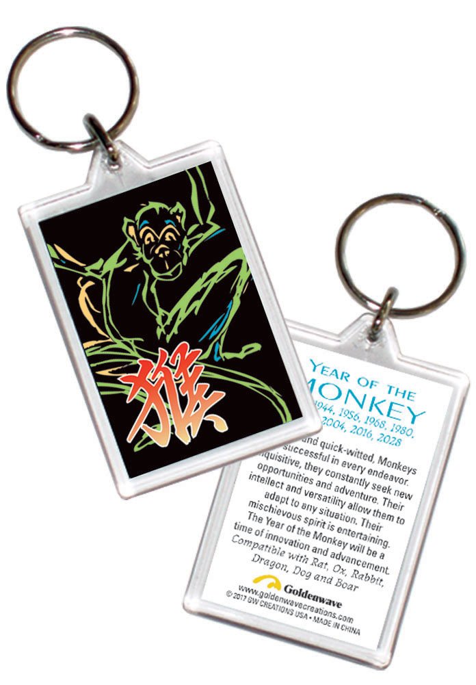 Asian Chinese Zodiac Keyring Monkey: 2 design pack keyrings:, Birth years 1944, 56, 68, 80, 92, 04, 2016