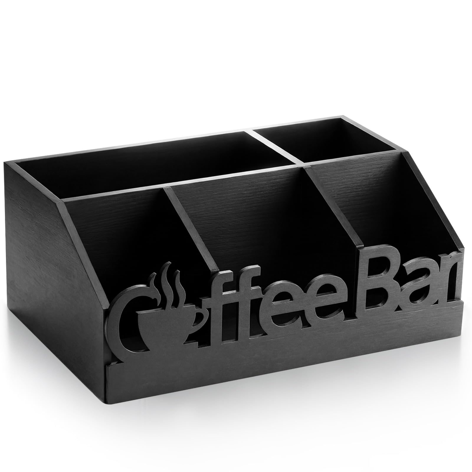 Coffee Station Organizer for Counter Wood Countertop Accessories Organizer Coffee Pods Holder Storage Basket for Pods Condiment Syrup Tea Cups Stirrers for Rustic Bar Decoration (Black)