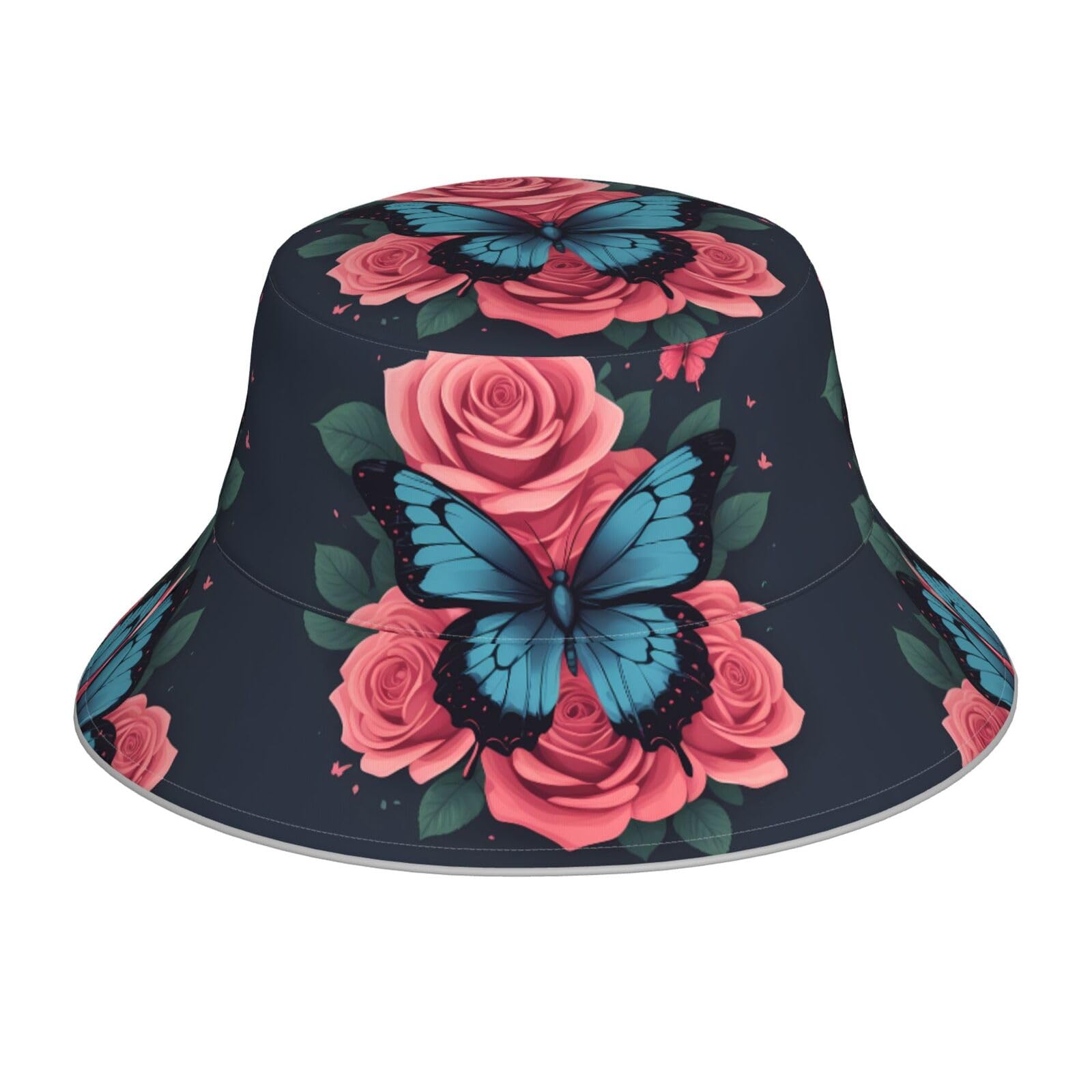 Whjssf Unisex Black Rose Butterfly Reflective Bucket Hat - Reversible Sun Protection, Lightweight, Breathable, Foldable For Men And Women