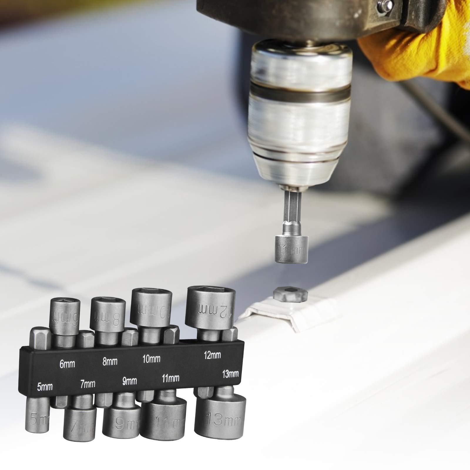 HPHOPE 9 Pcs Socket Spanner Set 5-13mm Socket Bit Adapter 1/4 Inch Hex Shank, Suitable for Hand Drills Electric Drills and Screwdrivers - Image 4