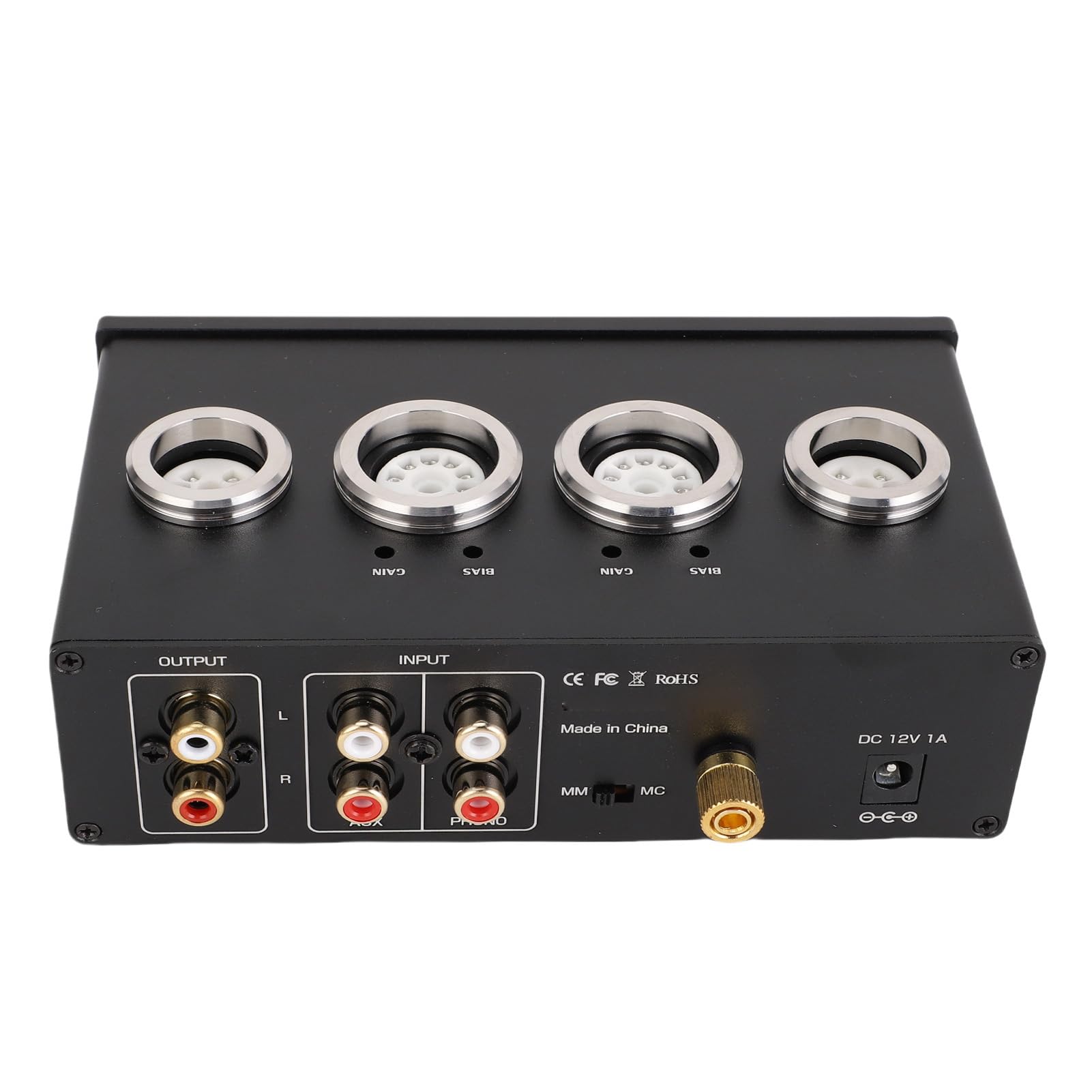 Preamplificatore Valvolare Preamplificatore Fono con Tubi 6E2 6A2 Mm MC Phono Ingresso AV Controllo Bassi Alti Jack per Cuffie da 3,5 Mm per Giradischi (Spina UE 100‑240 V)