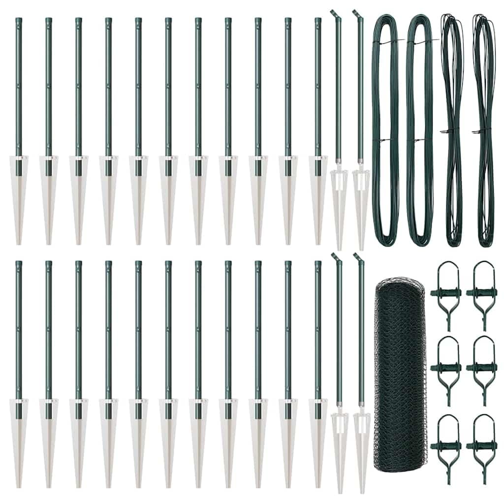 Green Steel PVC Fence Post 50 x 0.4 m 13 mm Mesh Garden Security Barrier Outdoor Enclosure Support Set with 26 Spikes for Terrace Yard Pet Safe Corrosion Resistant Easy Assembly